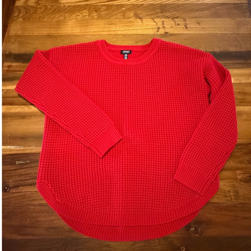 Jones New York Womens XL Red Waffle Knit Sweater High Low Hem Pullover Cozy